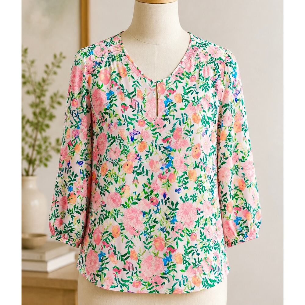 Crosby Pink Floral Peasant Blouse Large 3/4 Sleeve Spring Cottagecore Garden EUC